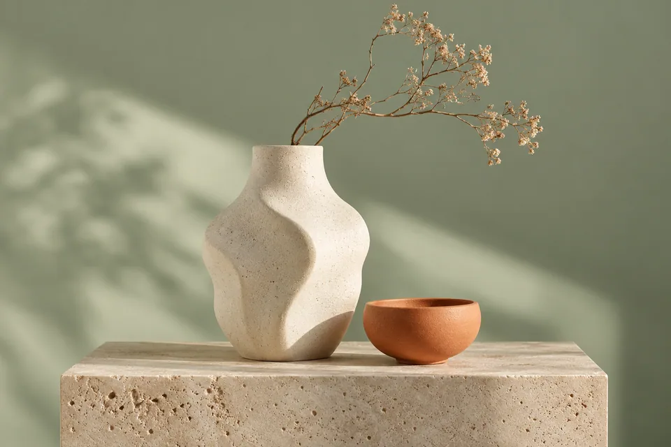 Vază ceramică și bol teracotă într-un decor de fotografie de produs