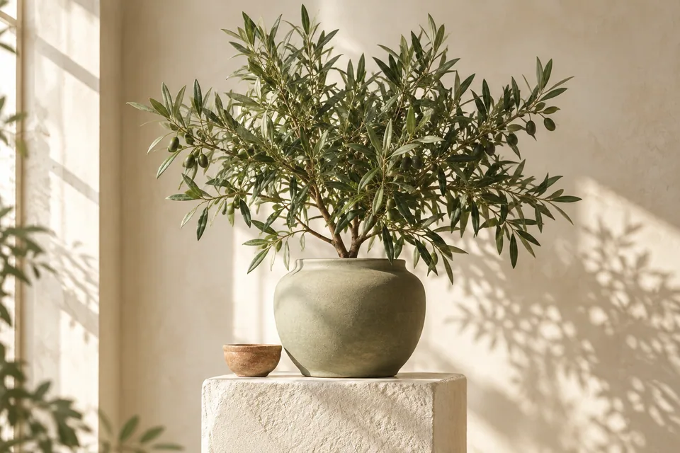 Plantă verde într-un ghiveci ceramic, fotografiată într-un decor luminos