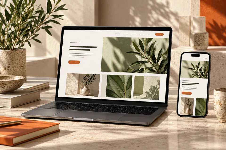 Laptop și telefon cu un website de prezentare adaptat pe mai multe dispozitive
